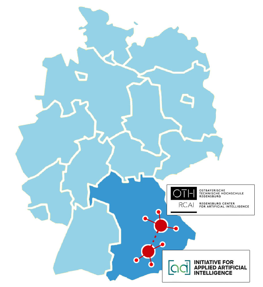 Beide KI Regionalzentren appliedAI im Raum München und die OTH im Raum Regensburg auf der Karte